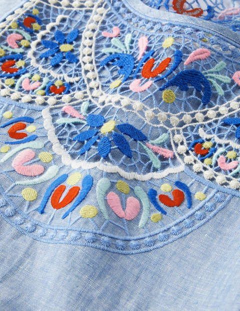 Robe Fleur brodée en lin - Chambray bleu gris Robe Fleur brodée en lin - Chambray bleu gris