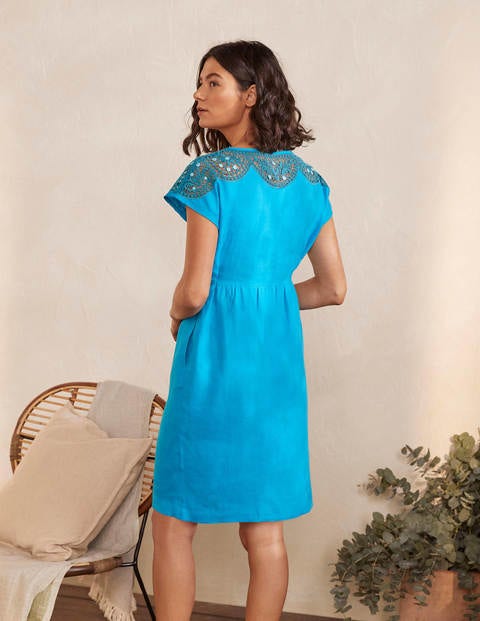 Fleur Embroidered Linen Dress - Blue Lagoon Fleur Embroidered Linen Dress - Blue Lagoon