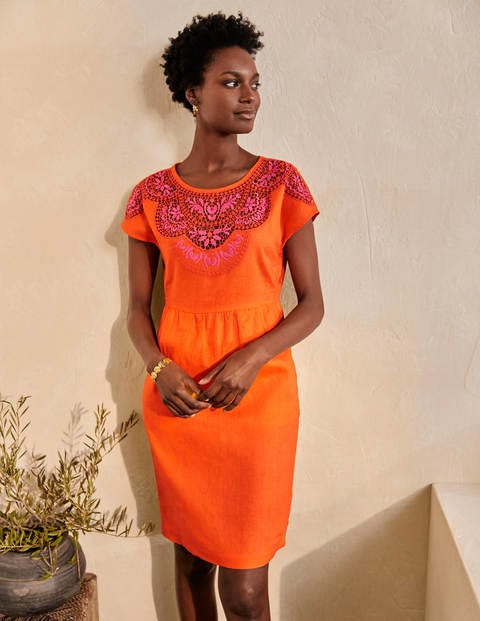 Fleur Embroidered Linen Dress - Satsuma Fleur Embroidered Linen Dress - Satsuma