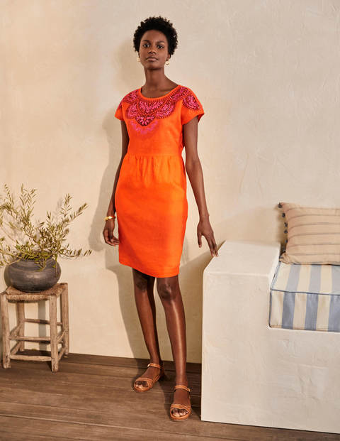 Fleur Embroidered Linen Dress - Satsuma Fleur Embroidered Linen Dress - Satsuma