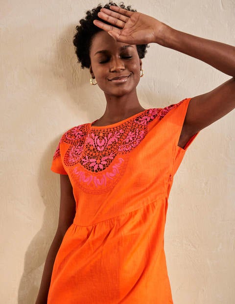 Fleur Embroidered Linen Dress - Satsuma Fleur Embroidered Linen Dress - Satsuma