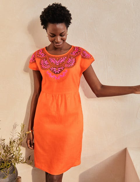 Fleur Embroidered Linen Dress - Satsuma Fleur Embroidered Linen Dress - Satsuma