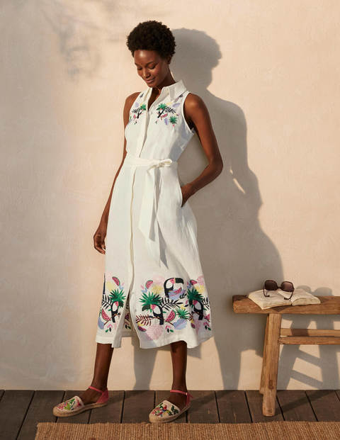 Kate Linen Shirt Dress - Ivory with multi embroidery Kate Linen Shirt Dress - Ivory with multi embroidery