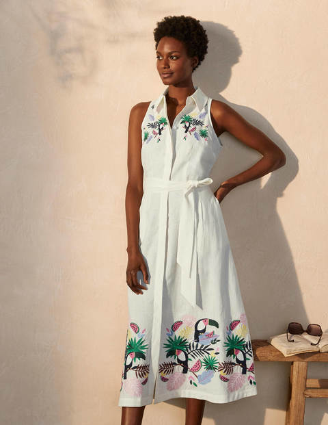 Kate Linen Shirt Dress - Ivory with multi embroidery Kate Linen Shirt Dress - Ivory with multi embroidery