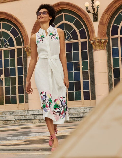 Kate Linen Shirt Dress - Ivory with multi embroidery Kate Linen Shirt Dress - Ivory with multi embroidery