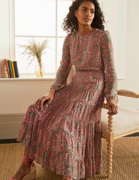 Annie Tiered Midi Dress - Azalea, Ornate Floral Annie Tiered Midi Dress - Azalea, Ornate Floral