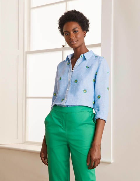 Embroidered Linen Shirt - Chambray with Kiwi Embroidery