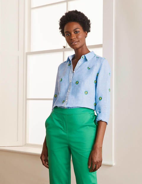 Embroidered Linen Shirt - Chambray with Kiwi Embroidery Embroidered Linen Shirt - Chambray with Kiwi Embroidery