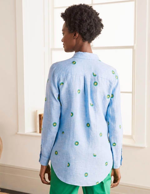 Embroidered Linen Shirt - Chambray with Kiwi Embroidery Embroidered Linen Shirt - Chambray with Kiwi Embroidery