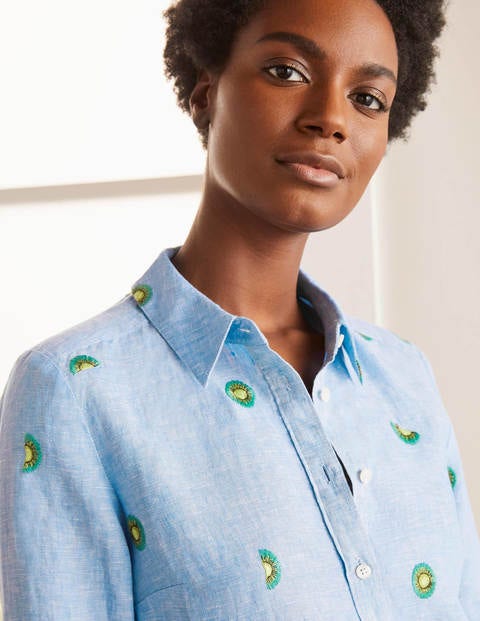 Embroidered Linen Shirt - Chambray with Kiwi Embroidery Embroidered Linen Shirt - Chambray with Kiwi Embroidery