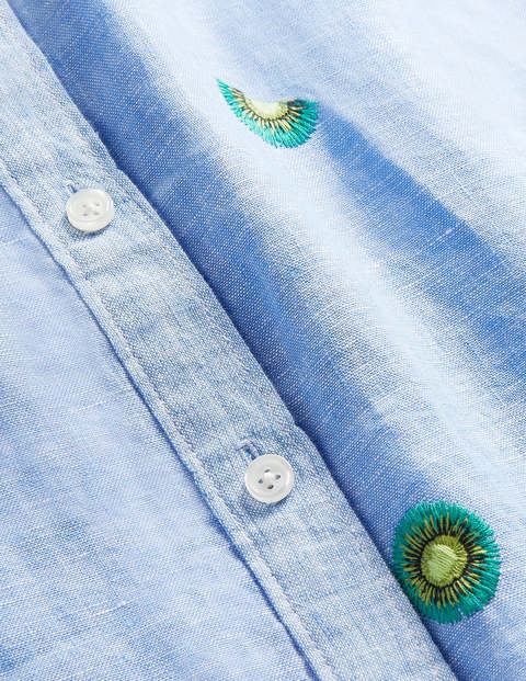 Embroidered Linen Shirt - Chambray with Kiwi Embroidery Embroidered Linen Shirt - Chambray with Kiwi Embroidery