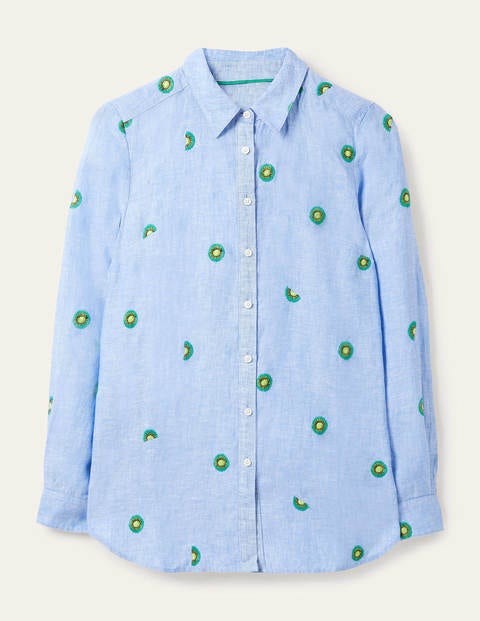 Embroidered Linen Shirt - Chambray with Kiwi Embroidery Embroidered Linen Shirt - Chambray with Kiwi Embroidery