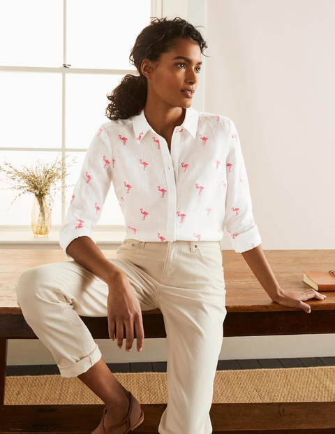 Embroidered Linen Shirt - White with Flamingo Embroidery Embroidered Linen Shirt - White with Flamingo Embroidery