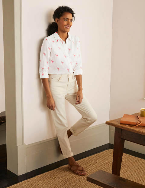 Embroidered Linen Shirt - White with Flamingo Embroidery Embroidered Linen Shirt - White with Flamingo Embroidery