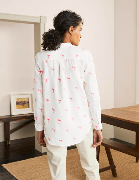 Embroidered Linen Shirt - White with Flamingo Embroidery Embroidered Linen Shirt - White with Flamingo Embroidery