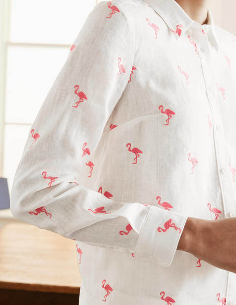 Embroidered Linen Shirt - White with Flamingo Embroidery Embroidered Linen Shirt - White with Flamingo Embroidery