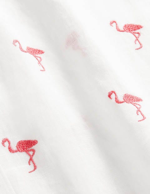 Embroidered Linen Shirt - White with Flamingo Embroidery Embroidered Linen Shirt - White with Flamingo Embroidery