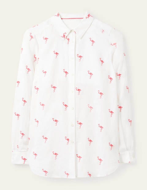 Embroidered Linen Shirt - White with Flamingo Embroidery Embroidered Linen Shirt - White with Flamingo Embroidery