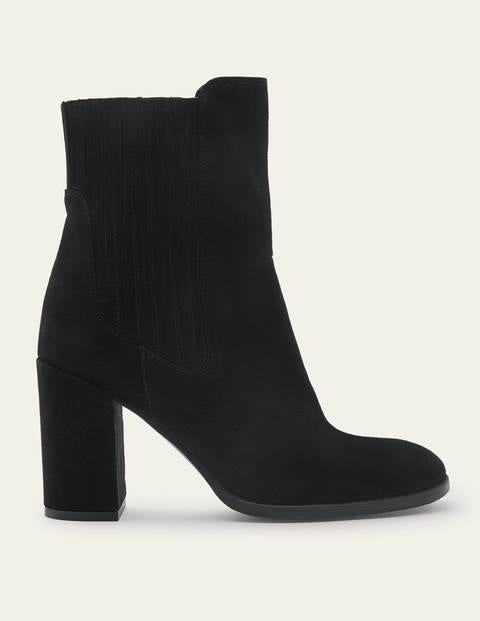 Stiefeletten mit Blockabsatz - Schwarz, Veloursleder Stiefeletten mit Blockabsatz - Schwarz, Veloursleder