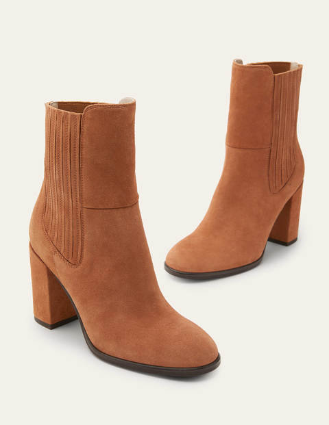 Stiefeletten mit Blockabsatz - Hellbraun, Veloursleder Stiefeletten mit Blockabsatz - Hellbraun, Veloursleder