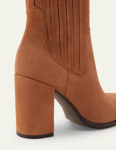 Stiefeletten mit Blockabsatz - Hellbraun, Veloursleder Stiefeletten mit Blockabsatz - Hellbraun, Veloursleder