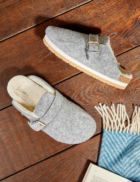 Borg Lined Mule Shoes - Grey Marl Felt Borg Lined Mule Shoes - Grey Marl Felt
