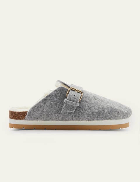 Borg Lined Mule Shoes - Grey Marl Felt Borg Lined Mule Shoes - Grey Marl Felt