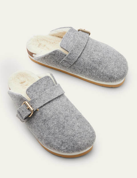 Borg Lined Mule Shoes - Grey Marl Felt Borg Lined Mule Shoes - Grey Marl Felt