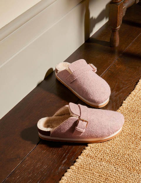 Borg Lined Mule Shoes - Pink Marl Felt Borg Lined Mule Shoes - Pink Marl Felt
