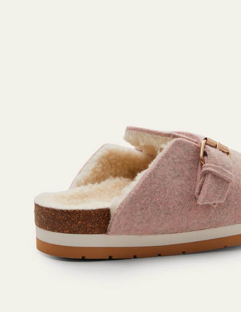 Borg Lined Mule Shoes - Pink Marl Felt Borg Lined Mule Shoes - Pink Marl Felt