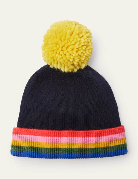 Knitted Bobble Hat - Navy, Multi Stripe