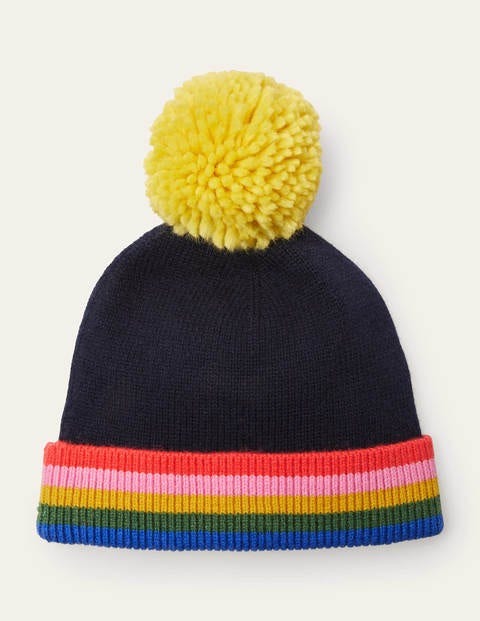 Knitted Bobble Hat - Navy, Multi Stripe Knitted Bobble Hat - Navy, Multi Stripe