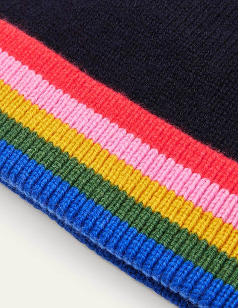 Knitted Bobble Hat - Navy, Multi Stripe Knitted Bobble Hat - Navy, Multi Stripe