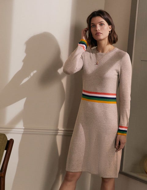 Strickkleid mit gestreifter Taille - Nerzbraun Melange Strickkleid mit gestreifter Taille - Nerzbraun Melange