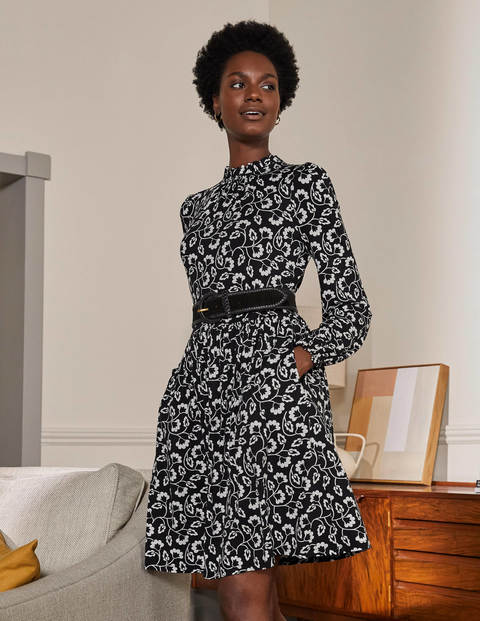 Clara Jersey Dress - Black, Floral Leaf Clara Jersey Dress - Black, Floral Leaf