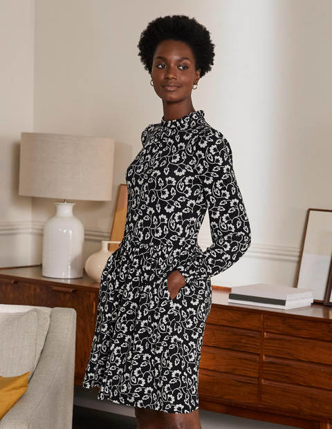 Clara Jersey Dress - Black, Floral Leaf Clara Jersey Dress - Black, Floral Leaf