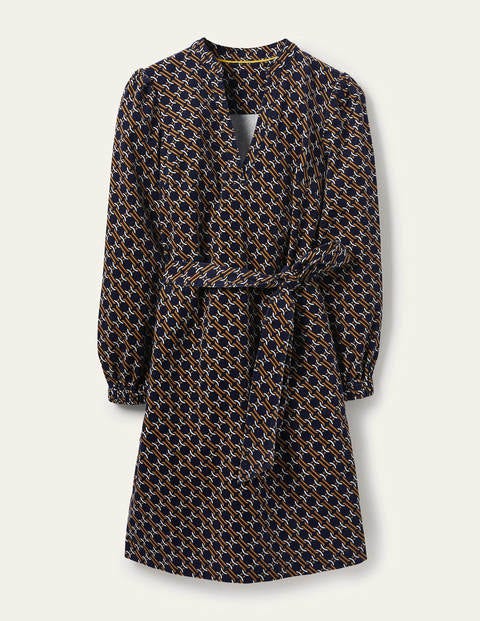 Esmeralda Kleid mit Taillengürtel - Navy, Geometrisches Gliedermuster Esmeralda Kleid mit Taillengürtel - Navy, Geometrisches Gliedermuster