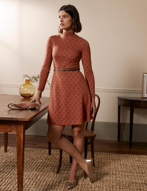 High Neck Jacquard Dress - Conker, Petal Geo High Neck Jacquard Dress - Conker, Petal Geo