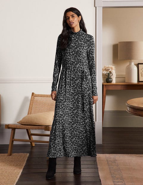Roll Neck Jersey Midi Dress - Grey Marl, Camo Floral Roll Neck Jersey Midi Dress - Grey Marl, Camo Floral