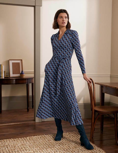 Collar Jersey Midi Dress - School House Blue, Chain Geo Collar Jersey Midi Dress - School House Blue, Chain Geo