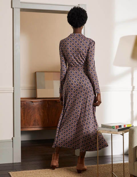 Jersey-Midikleid mit Kragen - Ockergelb, Geometrisches Gliedermuster Jersey-Midikleid mit Kragen - Ockergelb, Geometrisches Gliedermuster