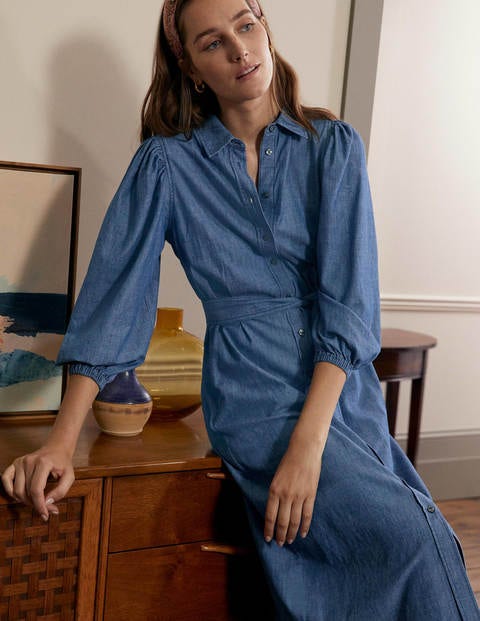 Hemdblusenkleid mit Puffärmeln - Mittleres Vintageblau, Denim Hemdblusenkleid mit Puffärmeln - Mittleres Vintageblau, Denim