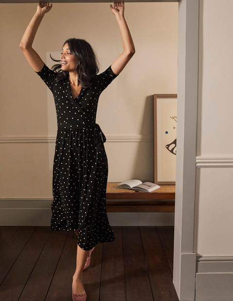 Lavinia Wickelkleid aus Jersey - Schwarz, Polka-Tupfen Lavinia Wickelkleid aus Jersey - Schwarz, Polka-Tupfen
