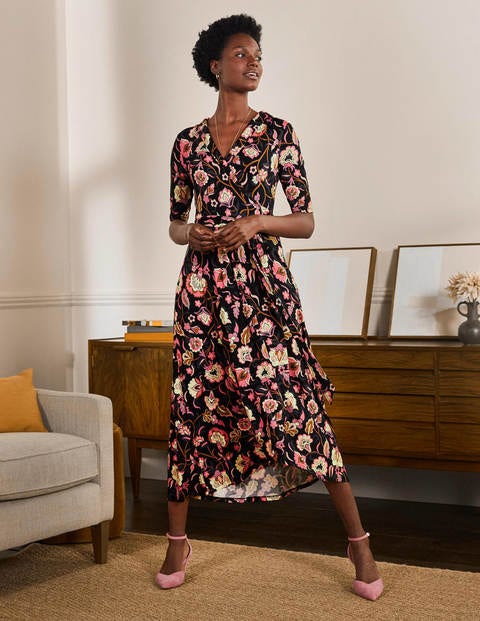 Lavinia Wickelkleid aus Jersey - Schwarz, Üppige Blumen Lavinia Wickelkleid aus Jersey - Schwarz, Üppige Blumen