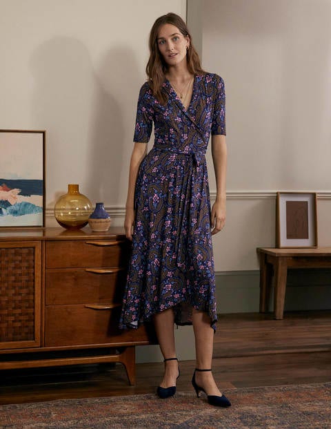 Lavinia Jersey Wrap Dress - French Navy, Floral Paisley