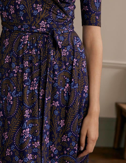 Lavinia Jersey Wrap Dress - French Navy, Floral Paisley