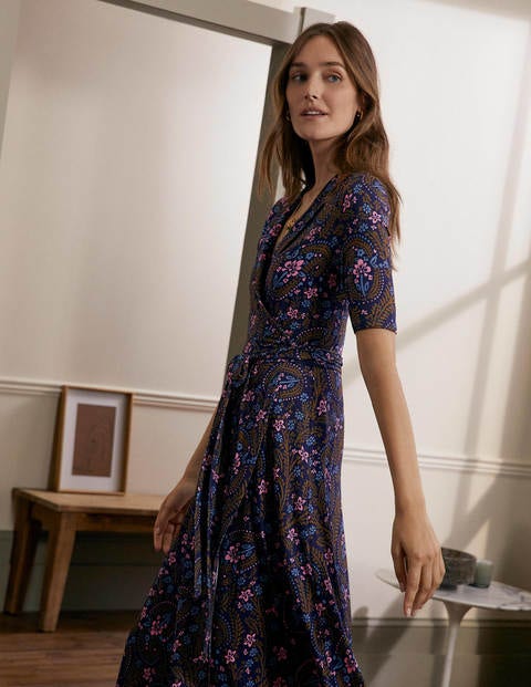 Lavinia Jersey Wrap Dress - French Navy, Floral Paisley Lavinia Jersey Wrap Dress - French Navy, Floral Paisley