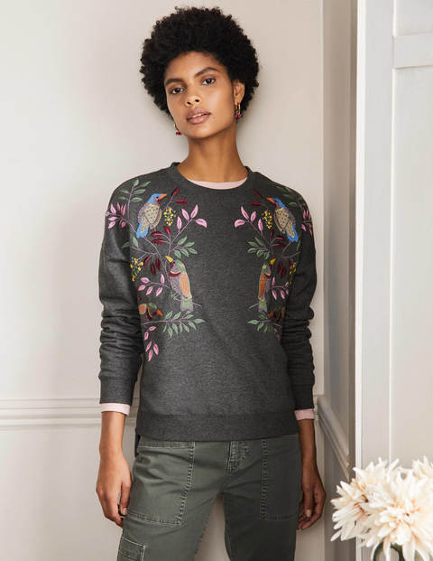 Jasmine Sweatshirt - Anthrazit Meliert, Vogel-Stickerei Jasmine Sweatshirt - Anthrazit Meliert, Vogel-Stickerei