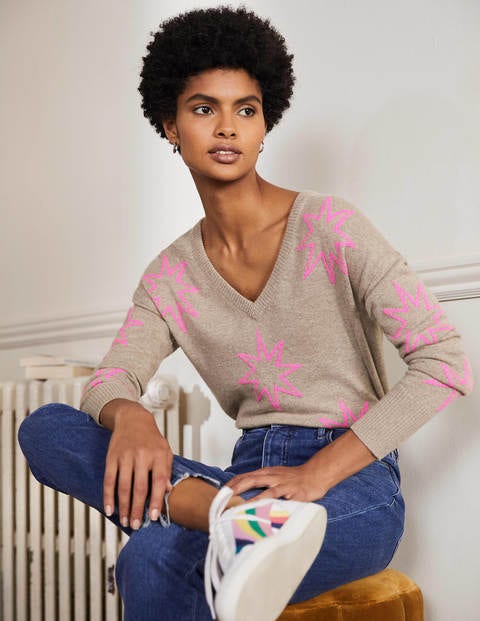 Cashmere V-neck Relaxed Jumper - Mink Melange, Neon Starburst Cashmere V-neck Relaxed Jumper - Mink Melange, Neon Starburst