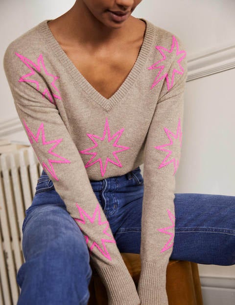 Cashmere V-neck Relaxed Jumper - Mink Melange, Neon Starburst Cashmere V-neck Relaxed Jumper - Mink Melange, Neon Starburst